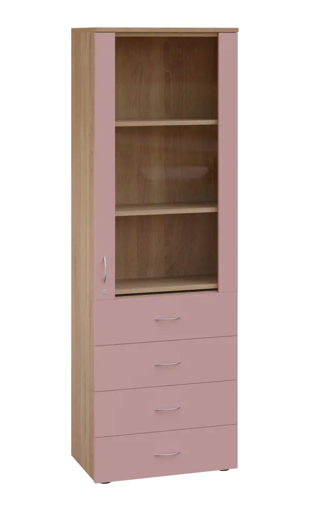 LE - 64 skříň léková prosklená, pravá, korpus dub bardolino, dvířka pastelově růžová